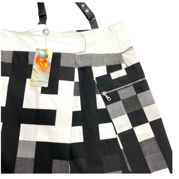CUSTO Barcelona Leather Suspender Gingham Mini Skirt Black with White Size M New - Picture 7 of 10